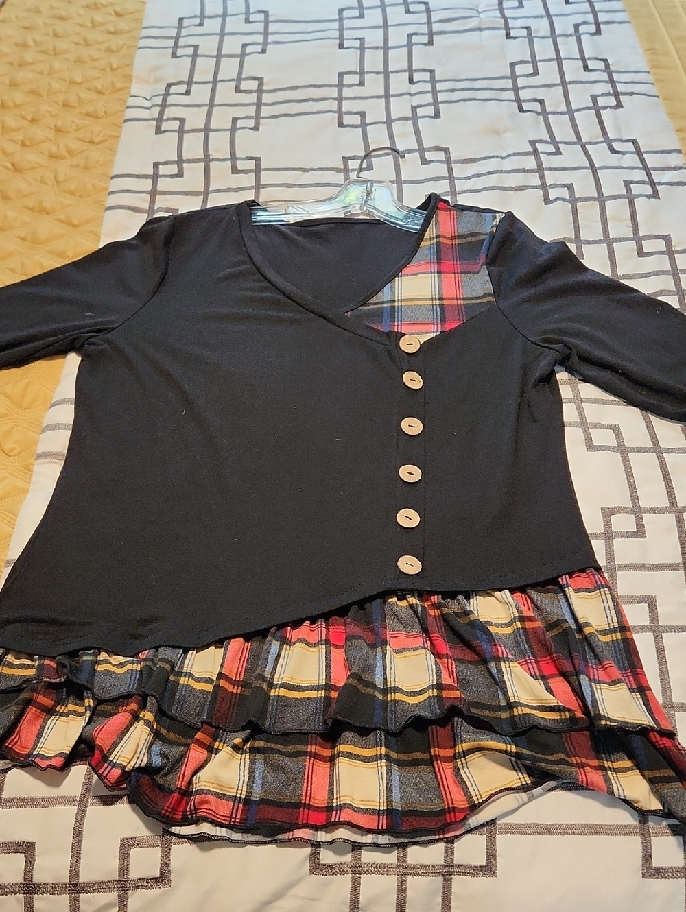 Black Top with Red & Tan Plaid Ruffle Detail